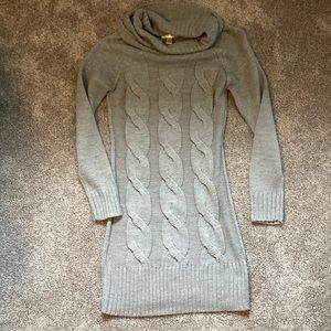 Grey cable cowl neck sweater dress